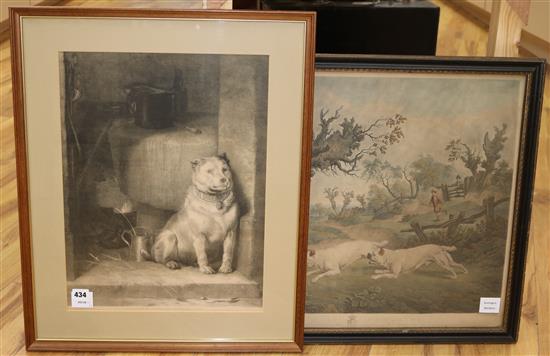 Earlom after Town, colour engraving, Bull Dogs and Badger, overall 50 x 60cm and another Bulldog print 48 x 37cm